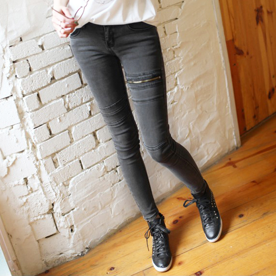 Blue zipper decoration skinny jeans tight jeans female skinny pants pencil pants