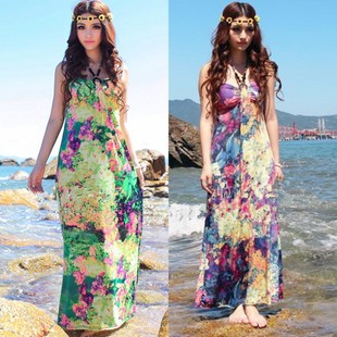 Bohemia halter-neck oil painting full dress slim one-piece dress beach dress