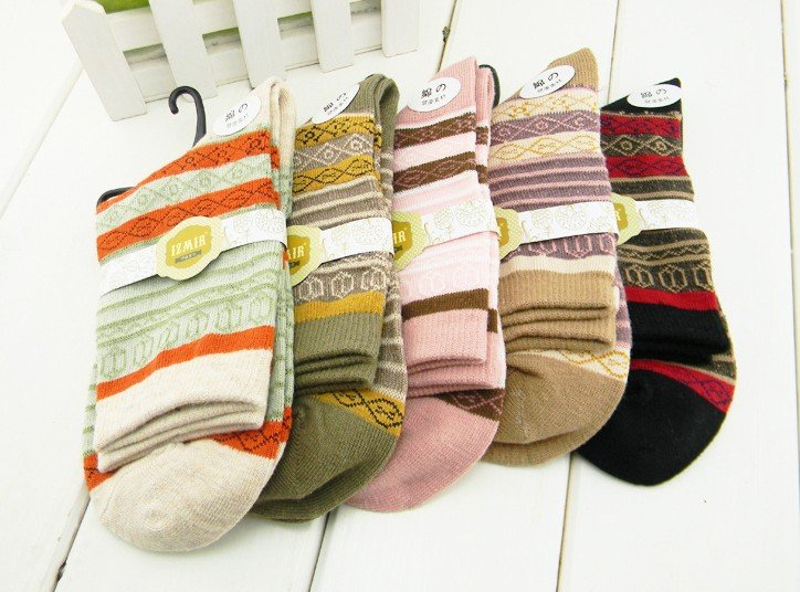 Bohemia Style Striped Jacquard Breathing Women Knitting Cotton Winter Socks,Free Shipping