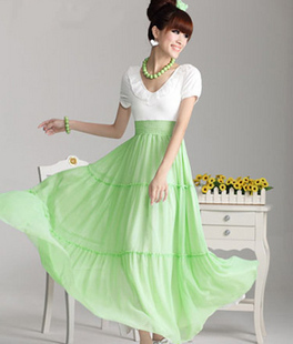 Bohemian Short-sleeve Pleated Floor-Length Dresses Fashion Woman Puff Sleeve V-Neck Long Chiffon Skirts