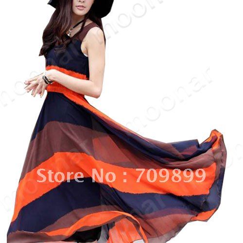 Boho Summer Women's Color Block Chiffon Long Pleated Stripe Sleeveless Dresses E0783