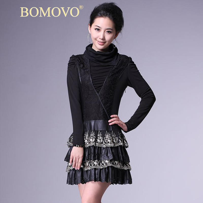 Bomovo autumn lace patchwork leather skirt fashion cutout puff sleeve cake one-piece dress qll27