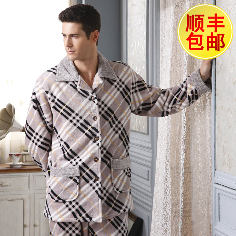 Bondarenko male lounge autumn and winter thickening check coral fleece sleep set