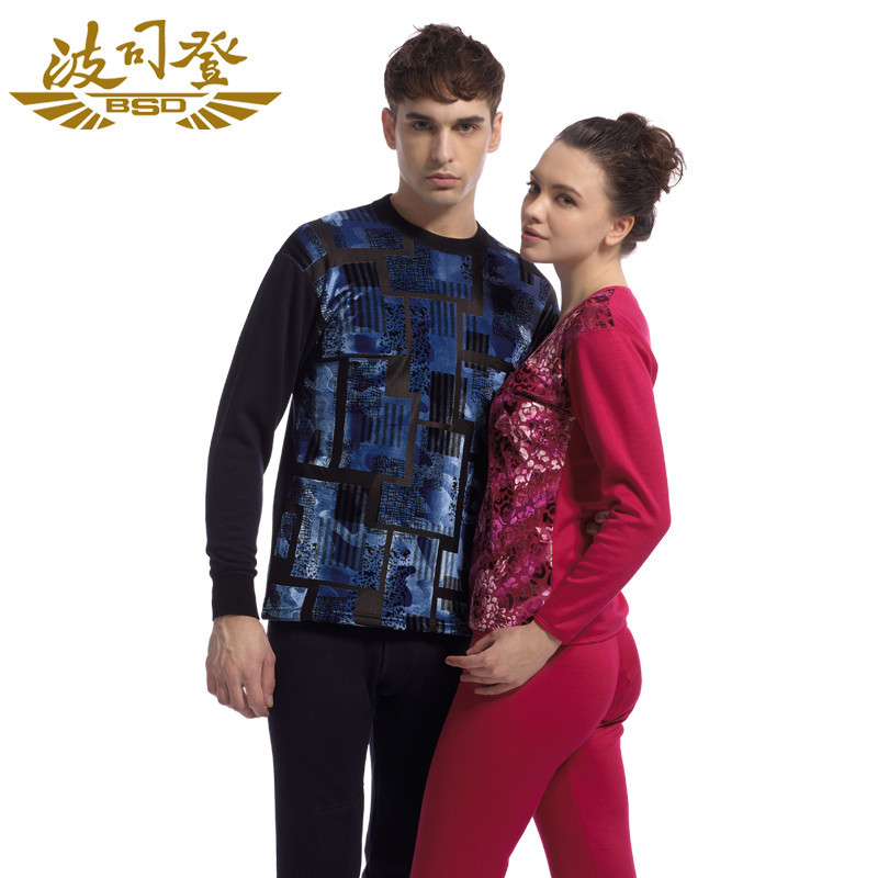 BOSIDENG thermal underwear o-neck male Women berber fleece beautiful set