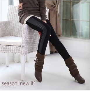 Both sides patchwork legging slim shriveled cotton faux leather ankle length trousers 84