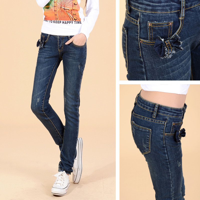 Bow slim elastic jeans female skinny pants trousers pencil pants female trousers