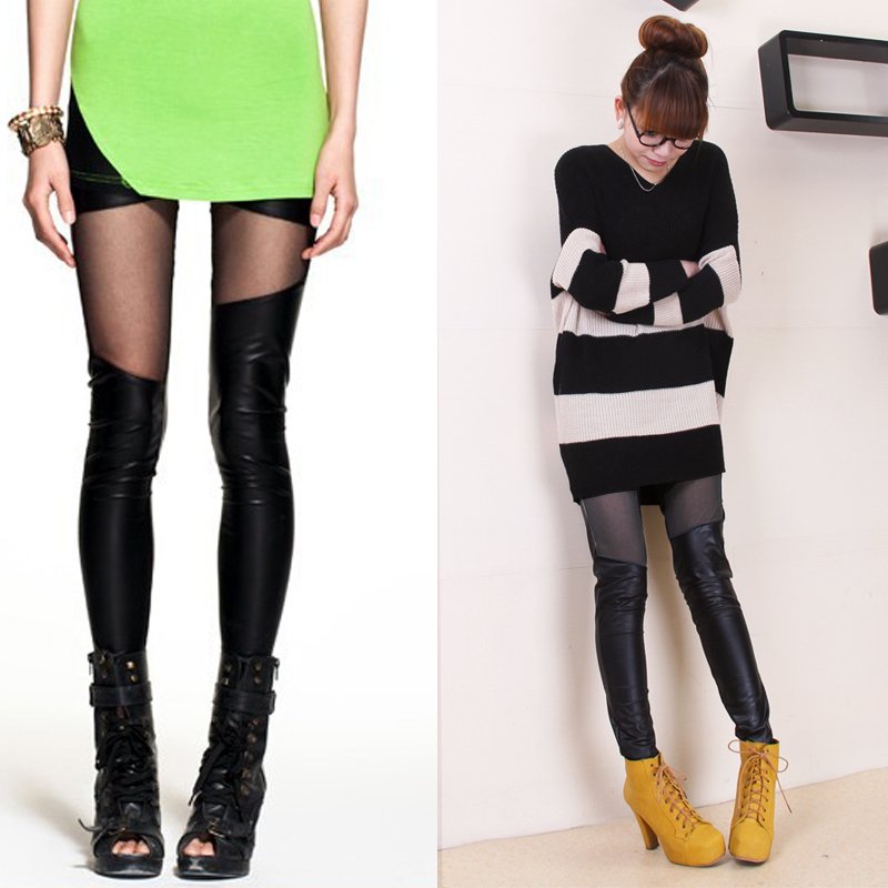 Box 2012 spring female faux leather color block gauze patchwork meat legging