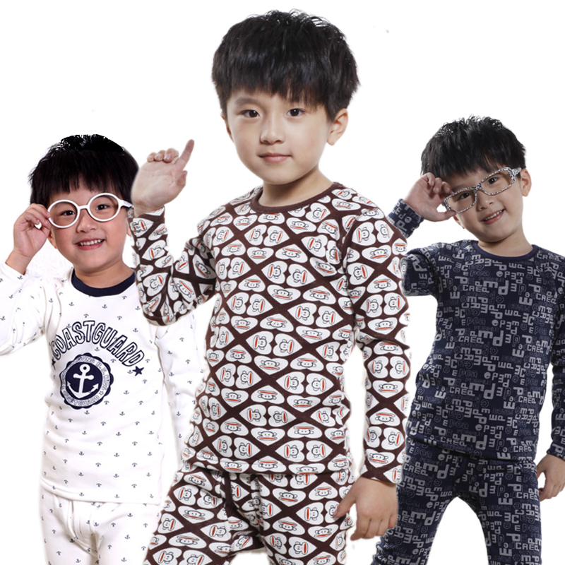 Boys clothing baby 100% cotton child thickening cashmere thermal underwear full set of basic sleepwear