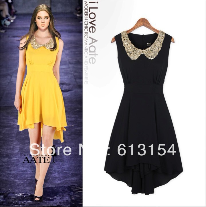 (BR-008)2013 fashion paillette peter pan collar low-high irregular slim formal dress one-piece dress