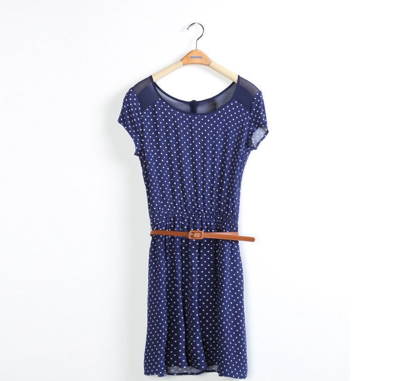 BRAND Exclusive EU style, concise design fashion polka dot  blue cute dress with belt