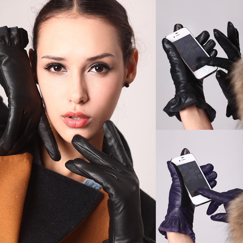 Brand Free shipping Women's genuine leather gloves winter thickening looply gloves touch screen laciness black purple