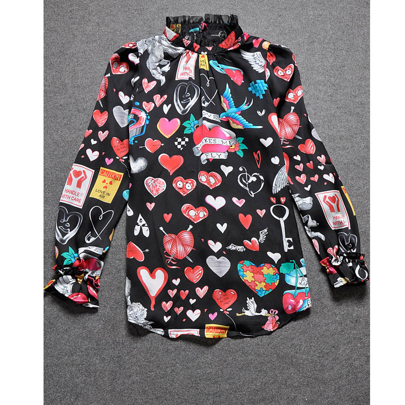 brand new 2013 season back zipper print heart gauze stand collar chiffon shirt