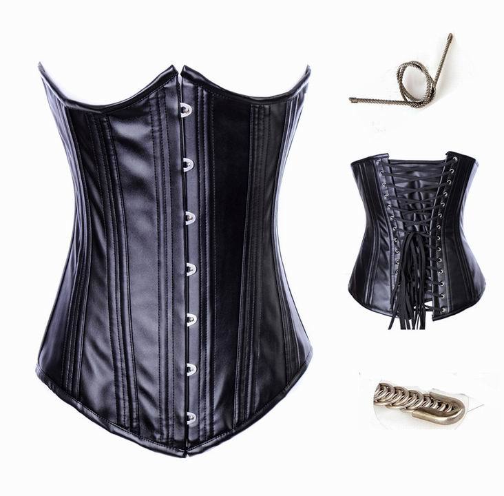 Brand New Black Full Steel Boned  Leather Corset Hot Sale Leather Bustier With G-string