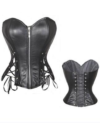 Brand New Black Leather Corset Hot Sale Leather With Lace Back  Bustier With G-string