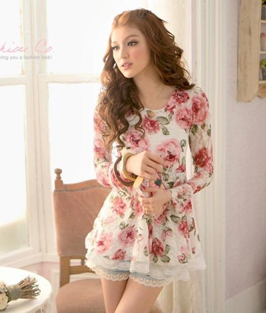 Brand New Blouse 2012 Spring Korean Joker Roses Lady Shirt Long Sleeved  Women Fashion Lace Tops Dress Wholesale + Free Shipping