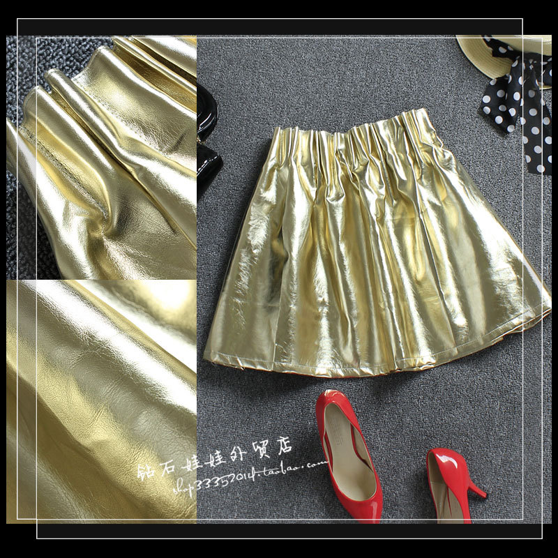 brand new  design Personalized shiny metal quality japanned leather elastic waist crumple puff skirt short skirt 2