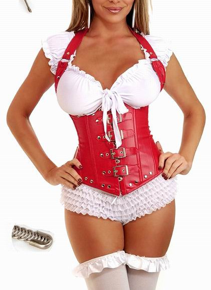 Brand New Red Leather Corset Hot Sale Leather Strappy Leather Bustier With G-string