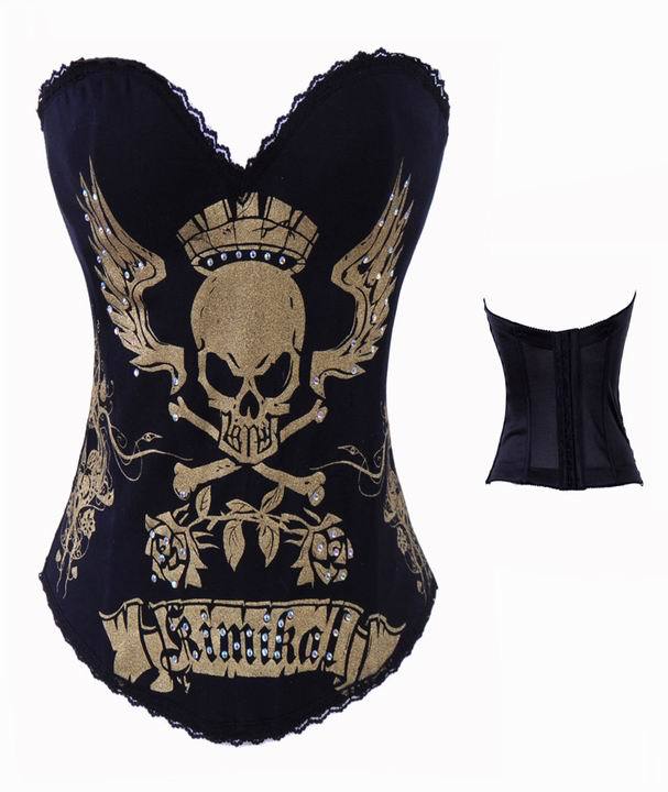 Brand New Satin Boned Corset Top Gold Human Skeleton Pattern Bustier With Matching Thong