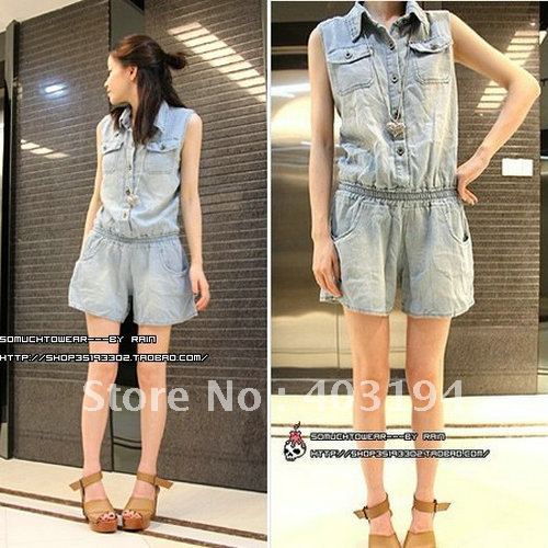 brand new women's lady fashion small fresh sleeveless denim jumpsuit shorts pants