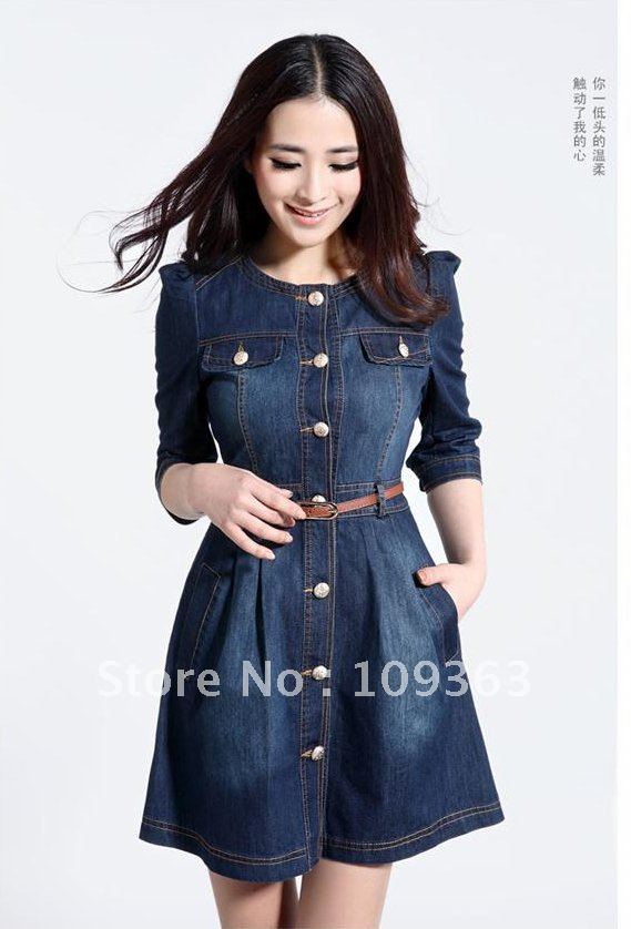 Brand Newest Vintage Fashion Women's Denim Dress,Popular Lace Neck Ladies' jeans casual Dresses plus sizes,Free shipping QQ1341