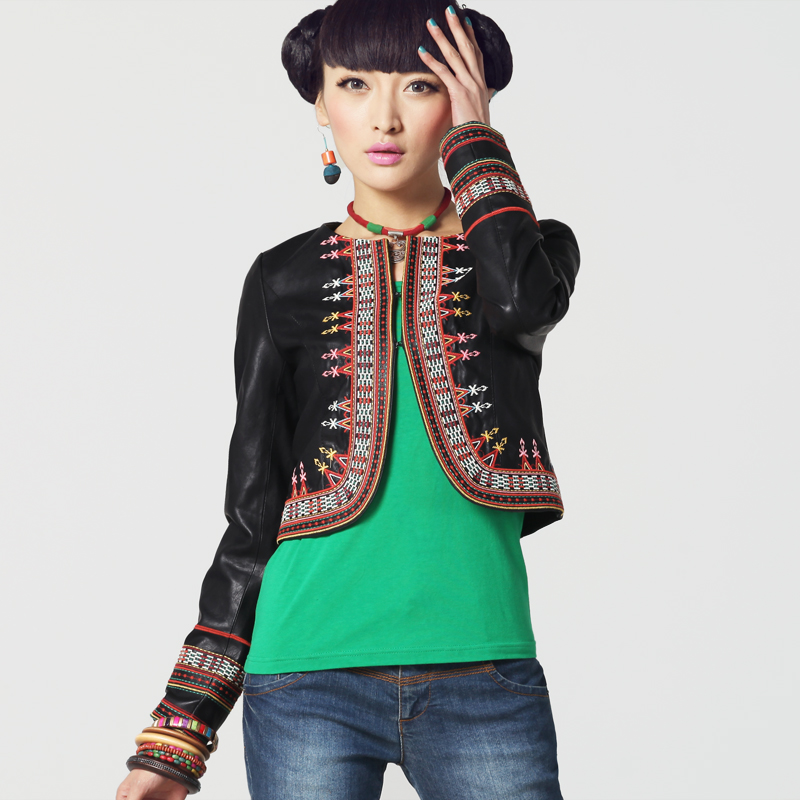 Brand Oriental Chinese Style RIP 2013 spring embroidered o-neck PU long-sleeve ultra-short leather coat 31110013 FreeShipping