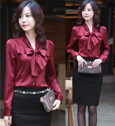 Brand:SZ Discount ! New Women Lady Korea Classic Bowtie Collar Long Sleeve OL Elegant Career Stunning Blouse Shirt S M L XL XXL