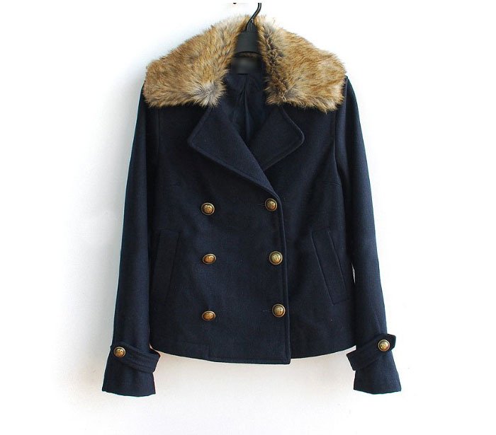 Brand Women Double Breasted Short Wool Jackets Tops Coats with Removable Fur Collar Available in 2 Colors Free Deliverr