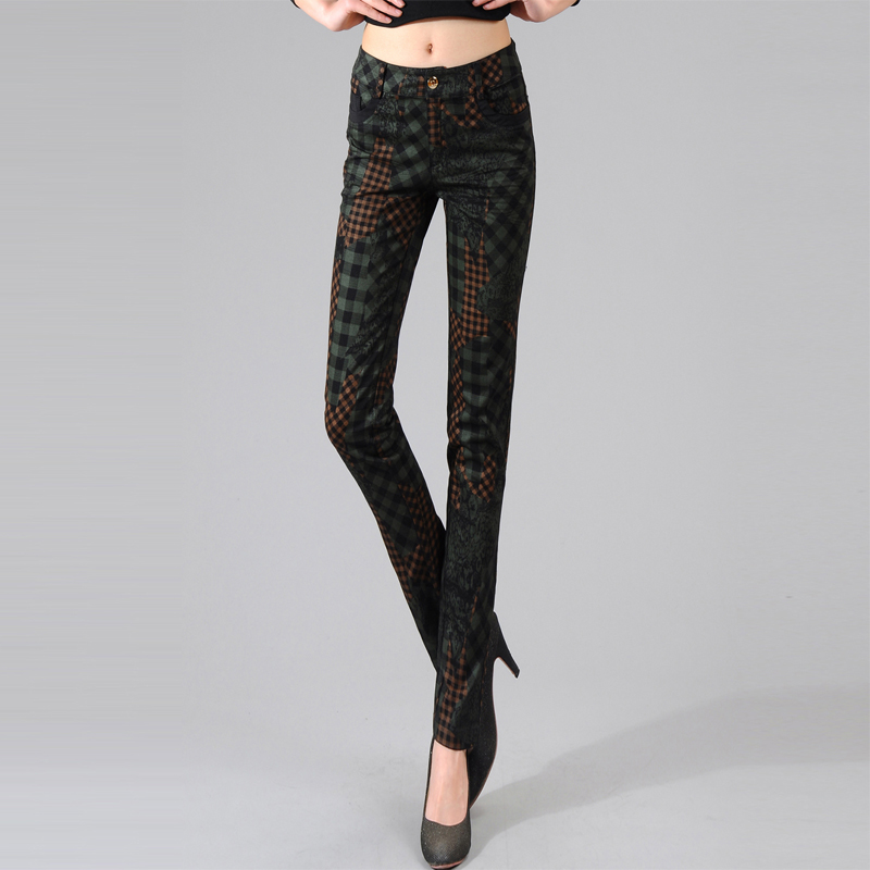 brand yi yang Jeans plaid patchwork print slim pencil pants 2012 trousers pants freeshipping