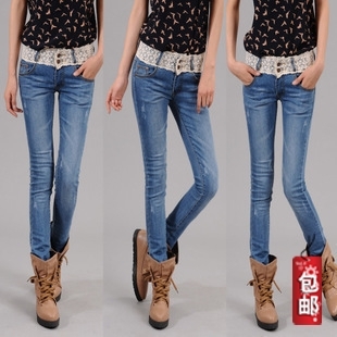 Breasted tight elastic lace mere loin skinny pants pencil denim trousers female