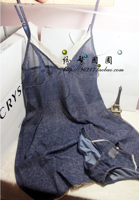 Breathable faux denim gentle gauze ultra-thin transparent spaghetti strap nightgown underwear set