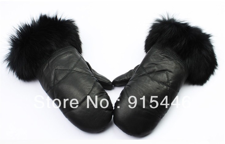 Brick genuine leather mitten women's sheepskin rabbit fur full thermal gloves all-inclusive plus cotton gloves