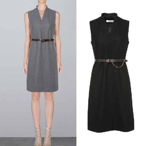 Brief all-match woolen sleeveless ladies one-piece dress genuine leather belt