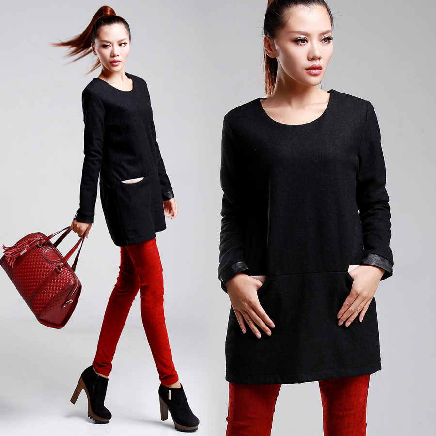 Brief loose plus size medium-long double pocket leather solid color woolen one-piece dress skirt basic shirt