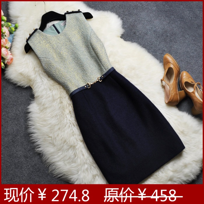 Brief ol formal leather gentlewomen slim belly chain woolen one-piece dress tank dress