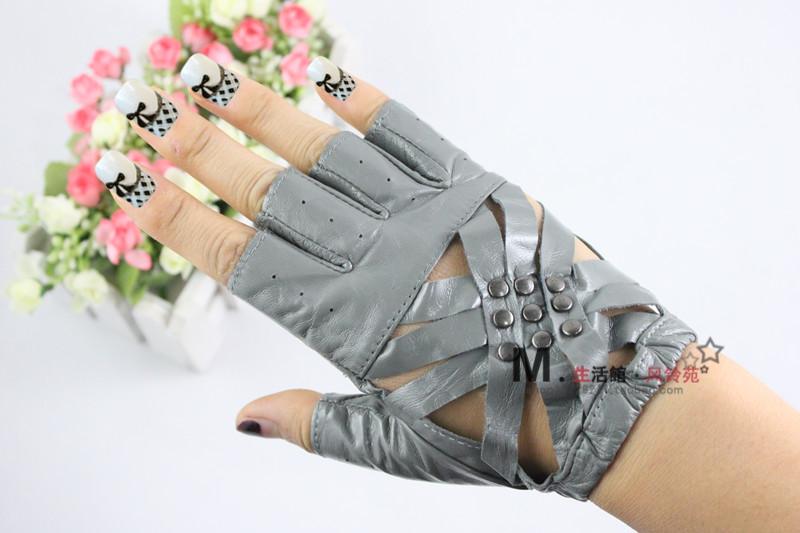 Bright grey women's rivet genuine leather gloves sheepskin gloves punk gloves personalized leather gloves