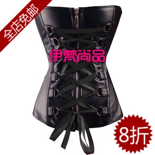 British royal punk gothic faux leather black ribbon shapewear bra vest