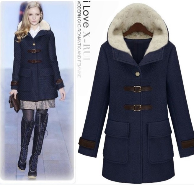 British Style Women Winter Outwear Plus size Wool Trench Jacket Fur Hoodies Thickened Overcoat Free Shipping 221