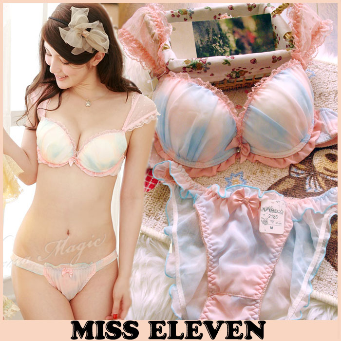 Broad-brimmed lace asymptotically chiffon push up insert underwear bra set