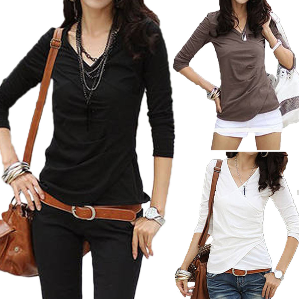 Brown/Black/White Glamour Fitted Sexy Vintage Womens Cotton V Neck Top Blouse 3066#