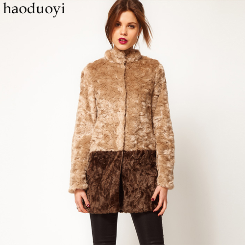 Brown khaki long-sleeve medium-long patchwork faux fur coat fur overcoat color block 6 full