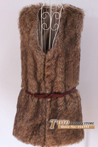 Brown Women's Faux fur Vest  Winter Long V-collar Ladies' Fur Vest Free Shipping