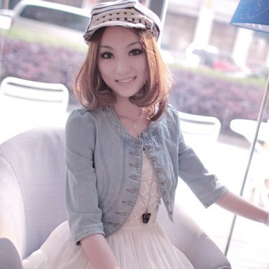 Buckle half sleeve denim short jacket 6006 free shipping