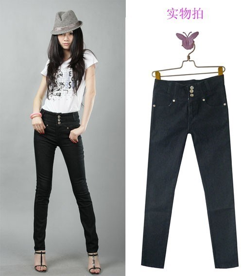 Buckle high waist pants black slim jeans pencil pants skinny pants