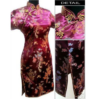 Burgundy Chinese Women's Satin Polyester Qipao Mini Cheong-sam Dress Dragon Phenix S-6XL Free Shipping J4063