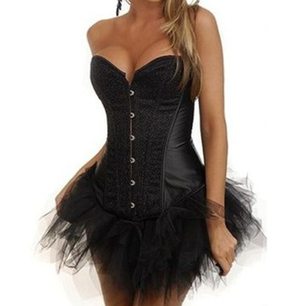 Burlesque Sequins Moulin Rouge Black Lace up Corset Tutu Petticoat Costume S-2XL Free Shipping