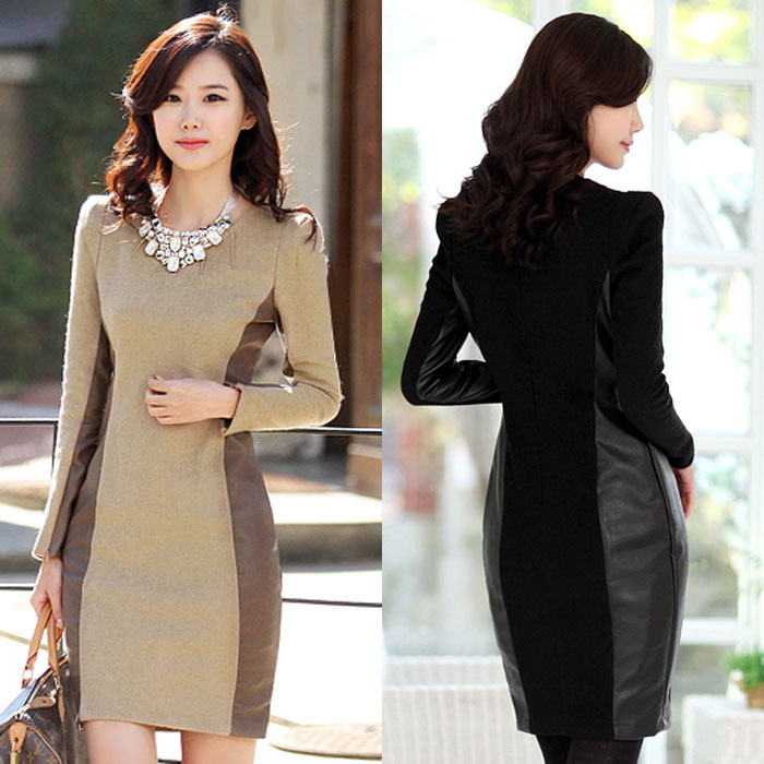 Butterfly 2012 women's autumn leather skirt OL outfit slim hip plus size woolen one-piece dress