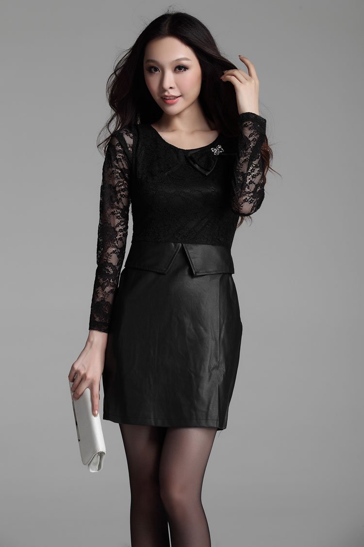 Butterfly knot fashion stitching leather skirt new slim long-sleeved lace dress