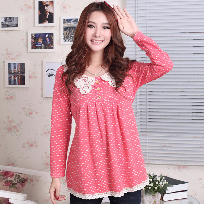 Butterfly lace collar long-sleeve T-shirt worsted cotton maternity top nursing spring loaded nursing maternity clothing spring