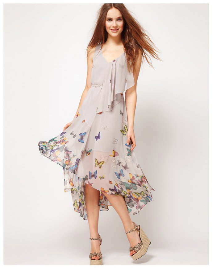 Butterfly print chiffon hi lo asymmetrical midi women dress 2013 new/butterfly high low dress/Free shipping/ FZ0652