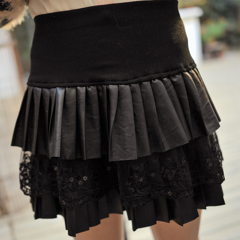 Button PU patchwork paillette lace decoration leather short skirt bust skirt